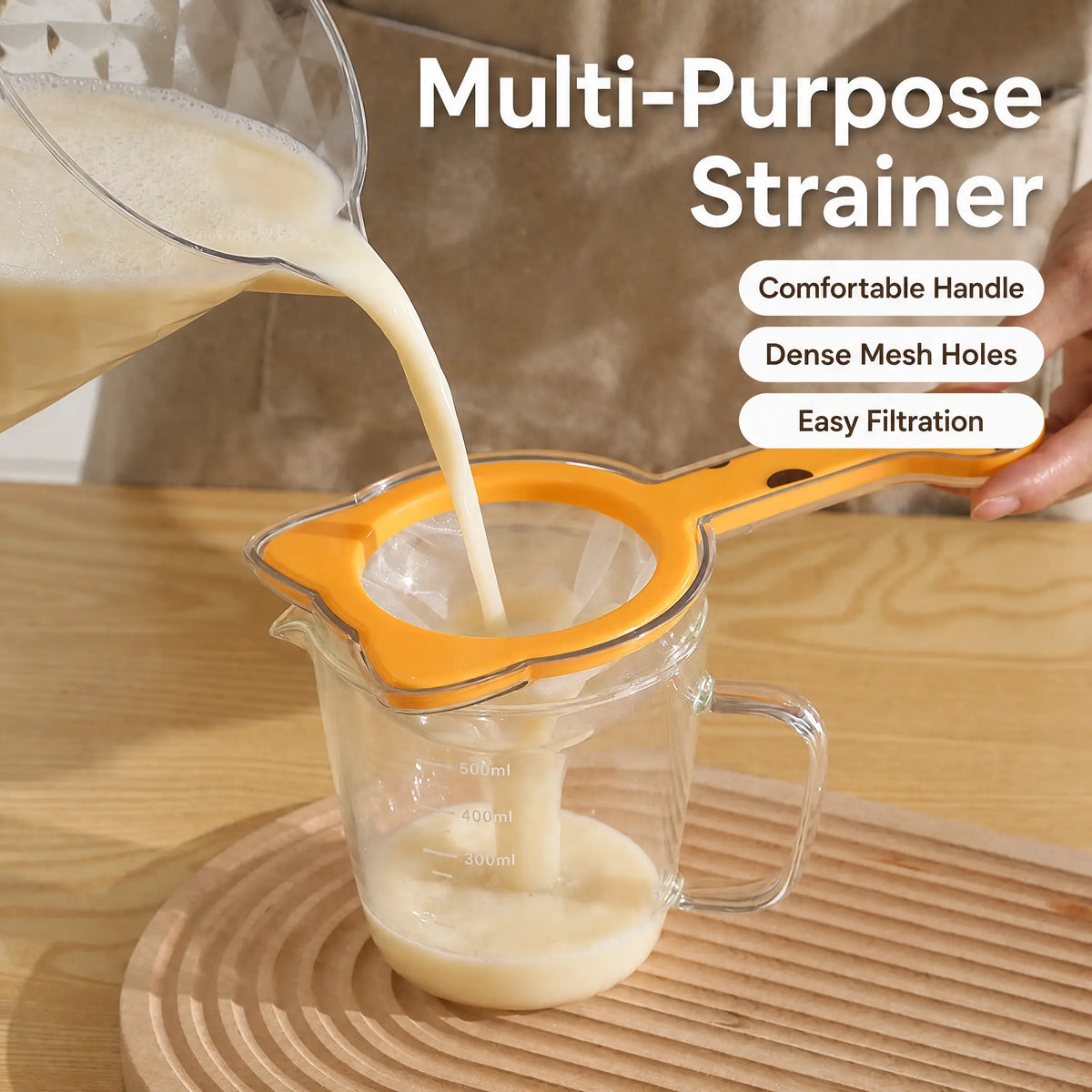 Fine mesh strainer with versatile functions. Perfect for straining coffee, tea and sifting flour. It is an ideal kitchen tool for cooking and food preparation.